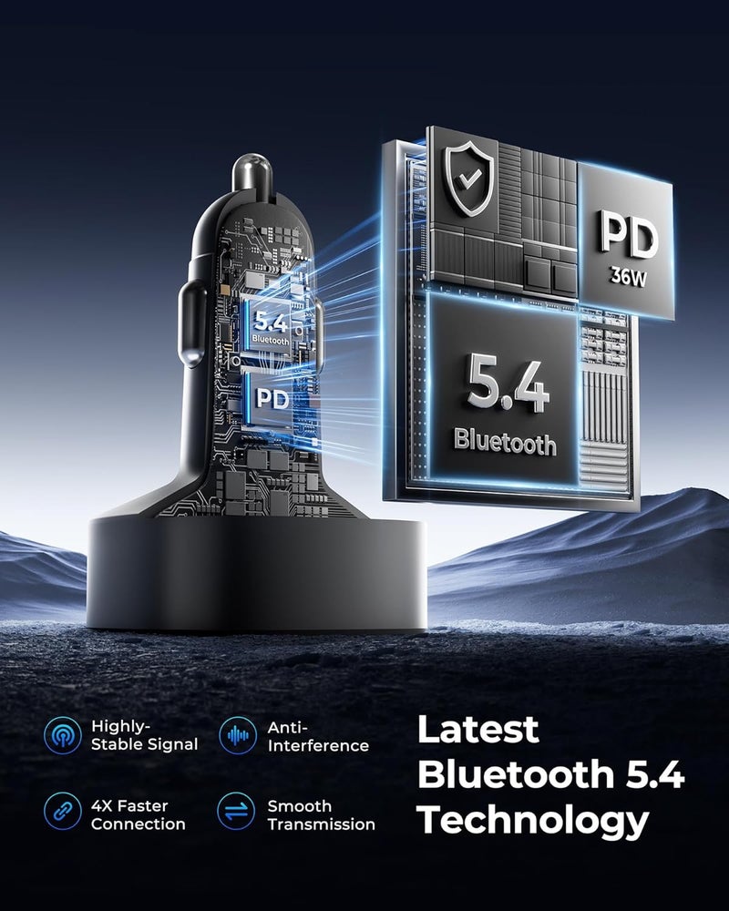 Lencent Bluetooth 5.4 Car Adapter FM Transmitter 54W Fast Charging, Dual Mics, HiFi Bass Sound, 2 Modes LED Backlit, Cigarette Lighter Adapter Hands-Free Calling Radio, Support USB Drive - Image 4